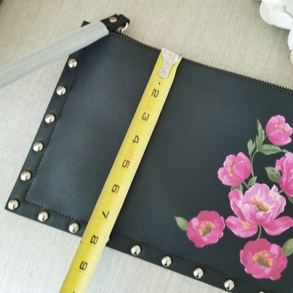 White House Black Market Black  Leather Silver Studded Pink Floral Clutch NWT - Picture 2 of 9